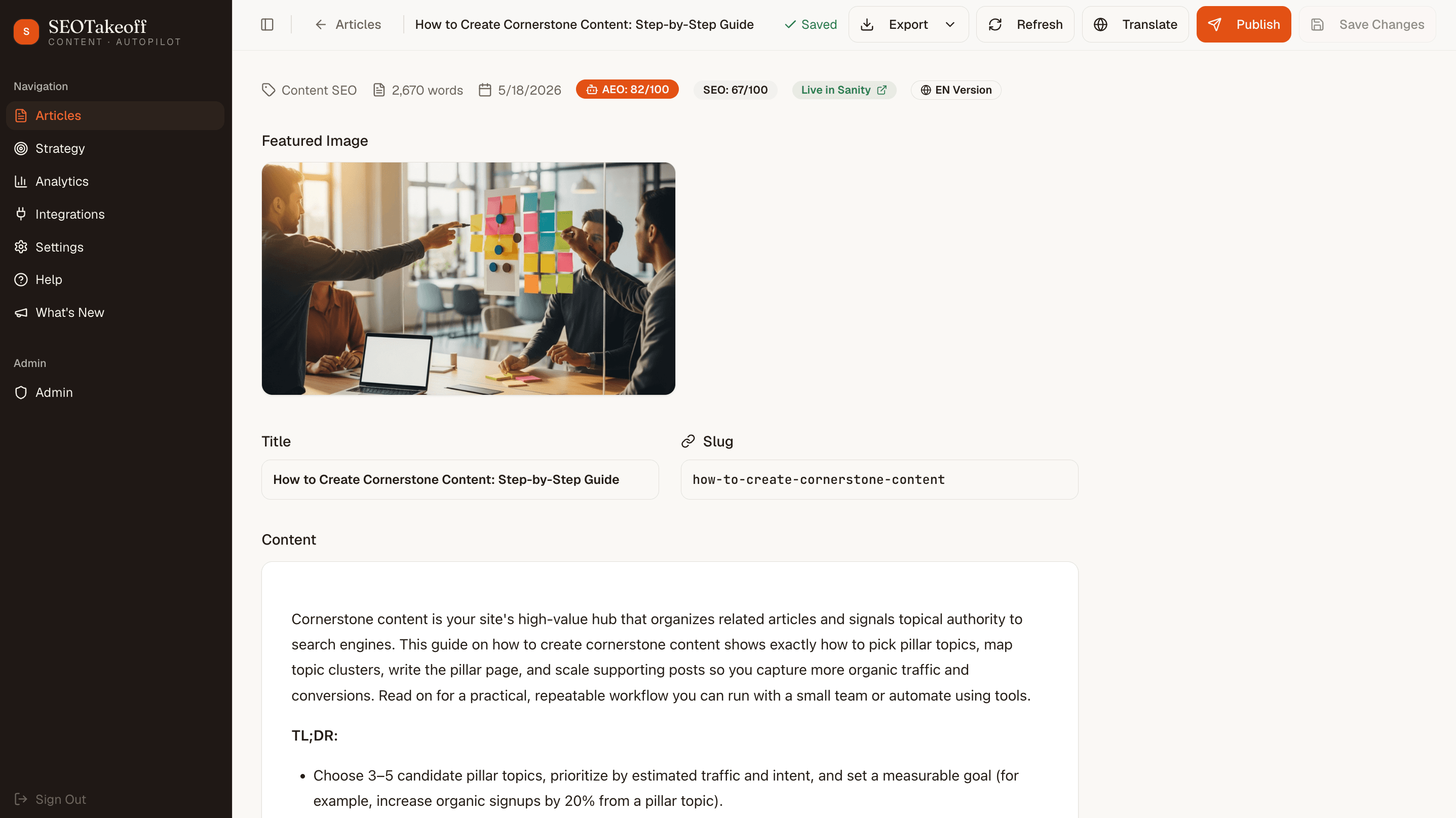 SEOTakeoff article editor showing a finished article with AI-generated featured image, AEO and SEO scores, and one-click publish to CMS
