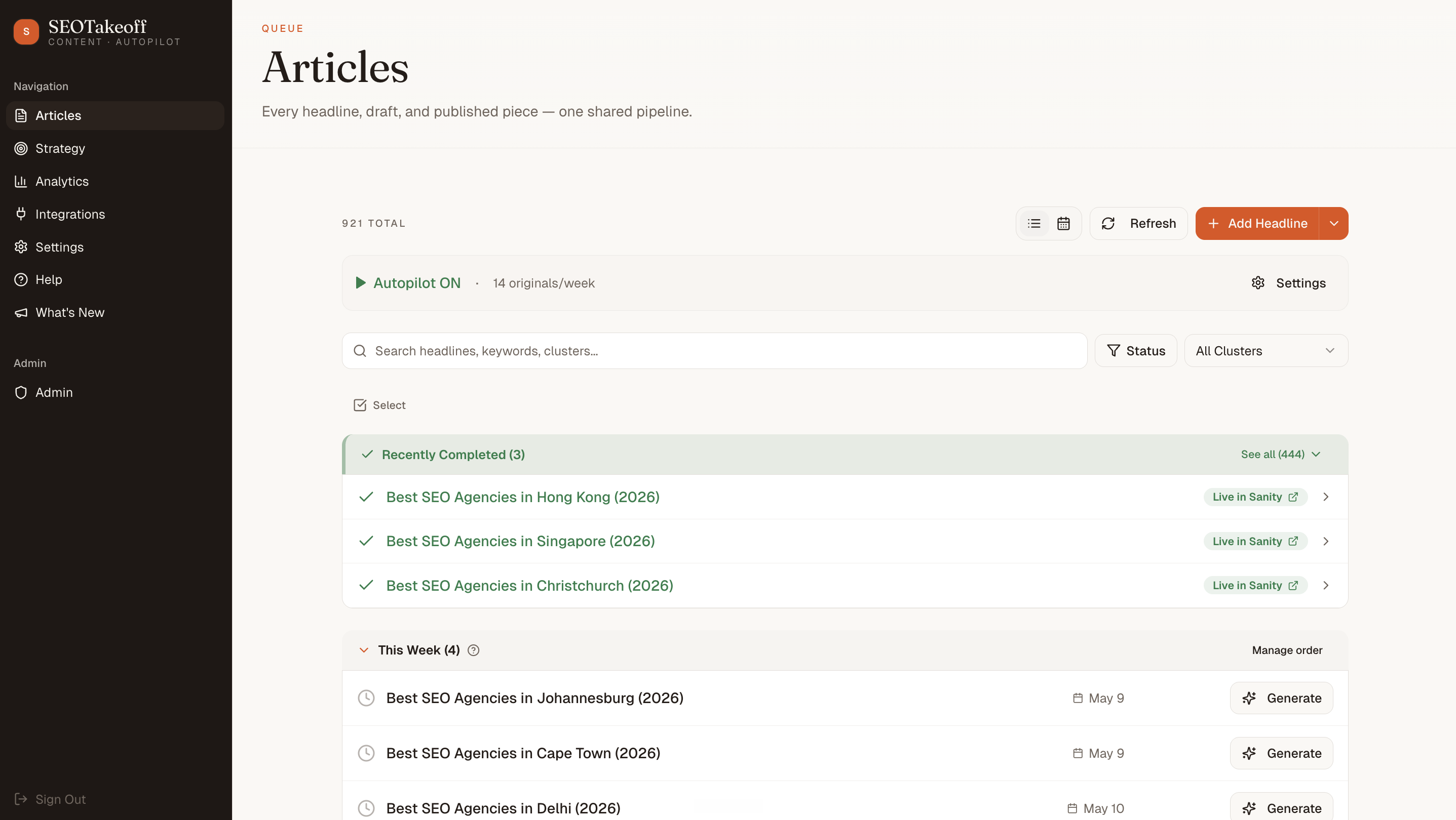 SEOTakeoff Articles page showing the generation queue with article statuses, word counts, and publish states