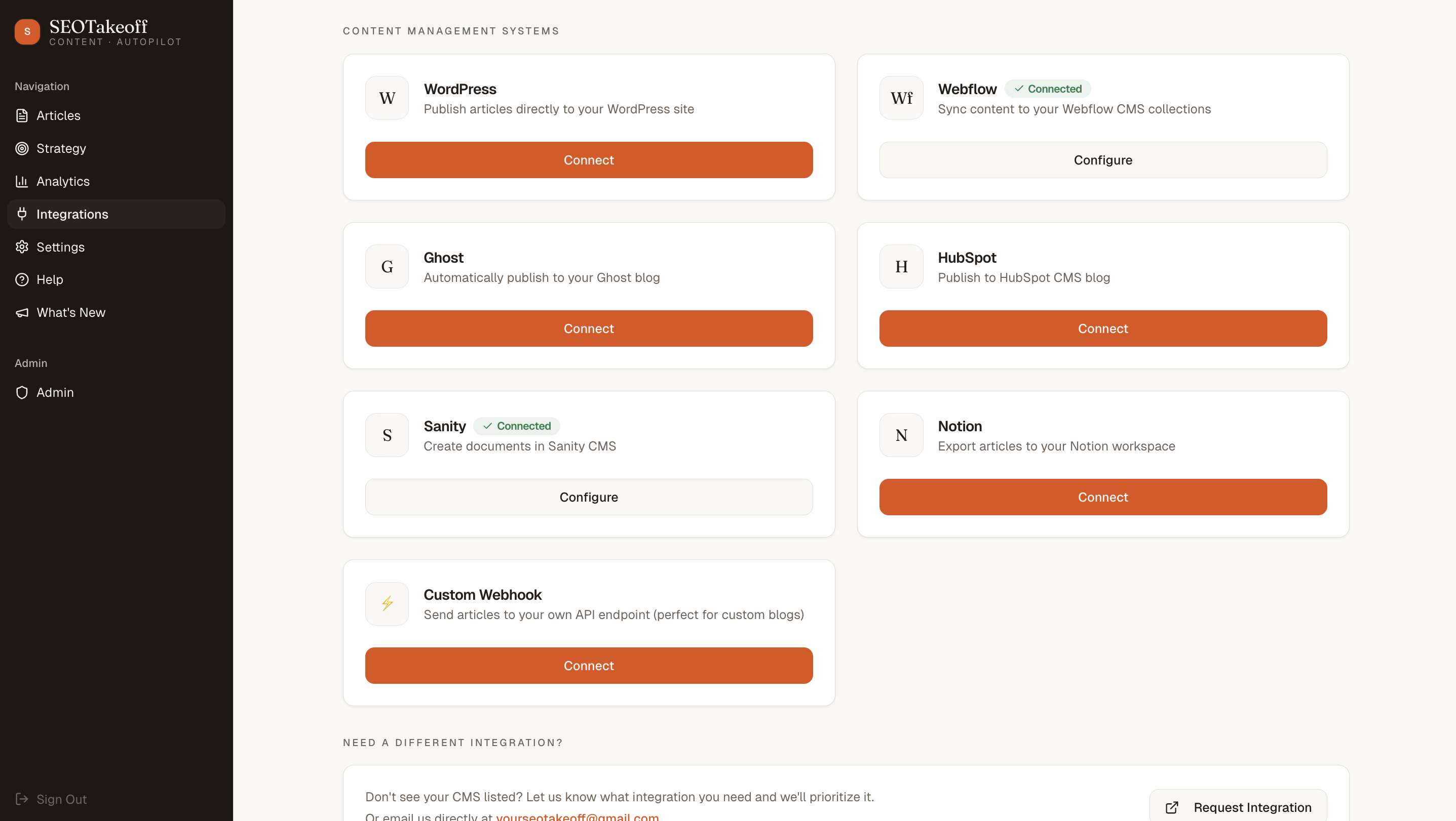 SEOTakeoff Integrations page showing CMS publishing options including WordPress, Webflow, Ghost, HubSpot, Sanity, Notion, and Custom Webhook